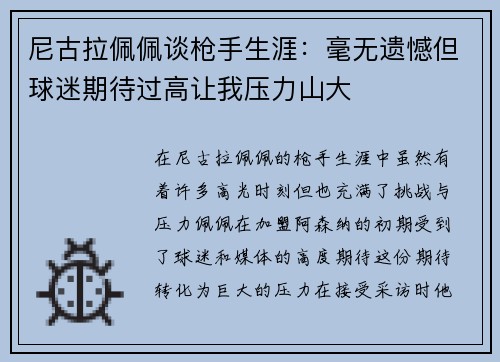 尼古拉佩佩谈枪手生涯：毫无遗憾但球迷期待过高让我压力山大